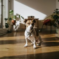 a brown and white dog sitting on top of a hard wood floor