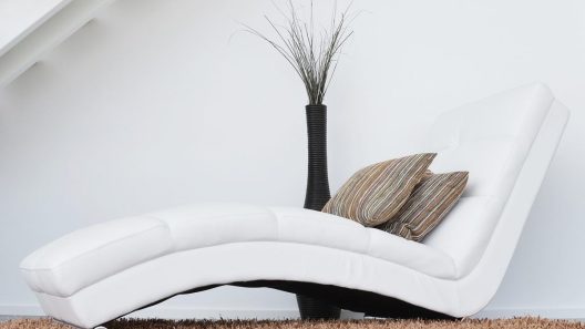 Une chaise longue blanche avec coussins, vase et plante sur tapis